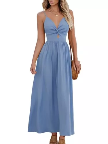CUPSHE Freizeit CUPSHE Damen Sommerkleid Boho V Ausschnitt Ärmellos Standkleid Twist Front Freizeitkleider Urlaub Maxi Dress Blau L