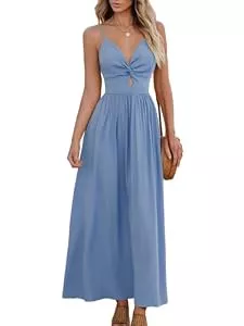 CUPSHE Freizeit CUPSHE Damen Sommerkleid Boho V Ausschnitt Ärmellos Standkleid Twist Front Freizeitkleider Urlaub Maxi Dress Blau L