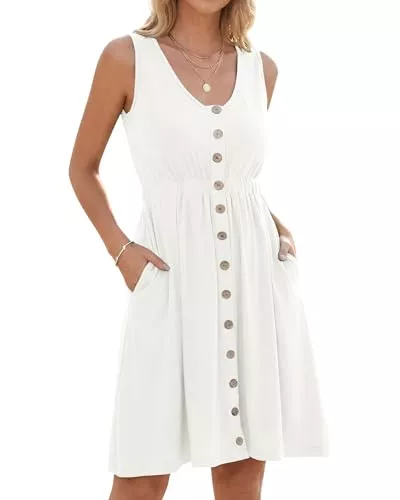 AUSELILY Freizeit AUSELILY Sommerkleid Damen Ärmellos V-Ausschnitt Strandkleid Elastische Taille Freizeit Knopfleiste Keid mit Taschen Weiß 2XL
