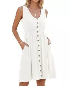 AUSELILY Freizeit AUSELILY Sommerkleid Damen Ärmellos V-Ausschnitt Strandkleid Elastische Taille Freizeit Knopfleiste Keid mit Taschen Weiß 2XL