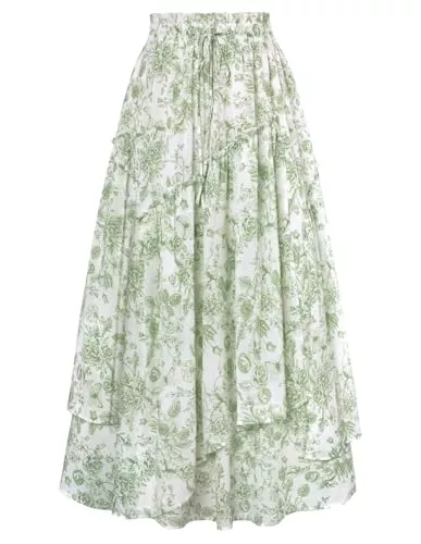 SCARLET DARKNESS Röcke Damenrock mit Blumenmuster, Boho-Rock, elastisch, hohe Taille, lange Maxi-Röcke mit Taschen
