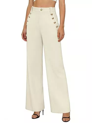 GRACE KARIN Hosen GRACE KARIN Weitem Anzughosen Damen hohem Bund Knopfleiste Hosen mit Tasche Frühling Sommer Outfit Cremefarben M