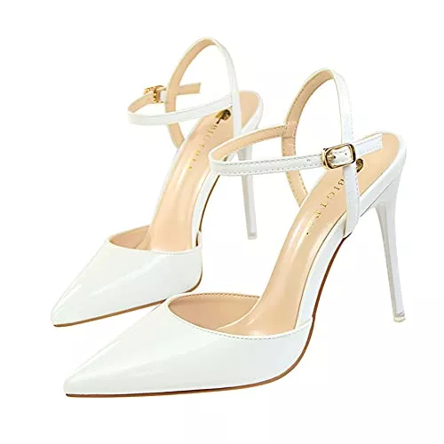 Sily Life High Heels Frauen Arbeitsplätze Leben Absätze Sandalen Knöchelriemen Stiletto Lackleder High Heel Wickelzehen Geschlossene Zehen Sandalen Pumps Pumps für Party Night Club Hochzeit 10.5 cm