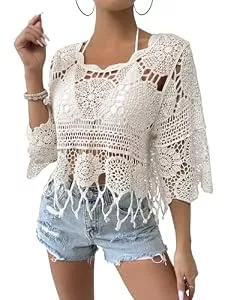 GORGLITTER Kurzarmblusen GORGLITTER Damen Cover Up Strandtop Boho Häkeltop Langarm Oberteile Rundkragen Strandbluse Locker Bikini Cover Up Durchsichtig Blusenshirt Strandmode
