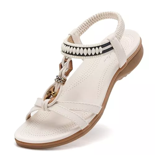 Littleplum Sandalen & Slides Littleplum Sandalen Damen Sommer Flache Sandaletten Elegant Sandals Strand Schuhe(Weiß,38EU)