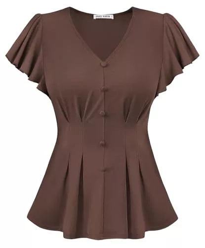 GRACE KARIN Kurzarmblusen GRACE KARIN Damen Blusen Sommer Elegant V-Ausschnitt Rüschenärmel Lässige Oberteil Boxfalte Festliche Bluse mit Knopfdekor für Alltags- und Party Braun M