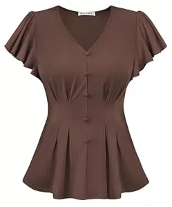 GRACE KARIN Kurzarmblusen GRACE KARIN Damen Blusen Sommer Elegant V-Ausschnitt Rüschenärmel Lässige Oberteil Boxfalte Festliche Bluse mit Knopfdekor für Alltags- und Party Braun M