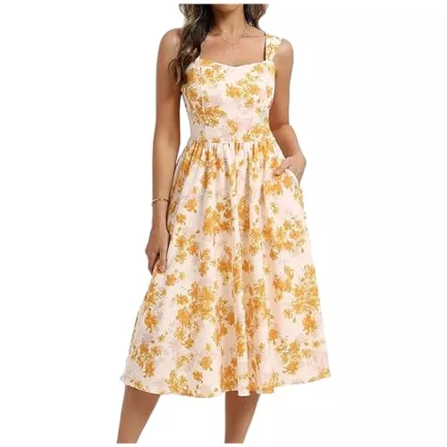 Belle Poque Freizeit Belle Poque Damen Sommerkleid Blumen Print Midi Kleid Eckiger Ausschnitt Ärmellos A Line Sommerkleid Mit Taschen Weiß Gelbe Blumen M