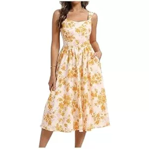 Belle Poque  Belle Poque Damen Sommerkleid Blumen Print Midi Kleid Eckiger Ausschnitt Ärmellos A Line Sommerkleid Mit Taschen Weiß Gelbe Blumen M