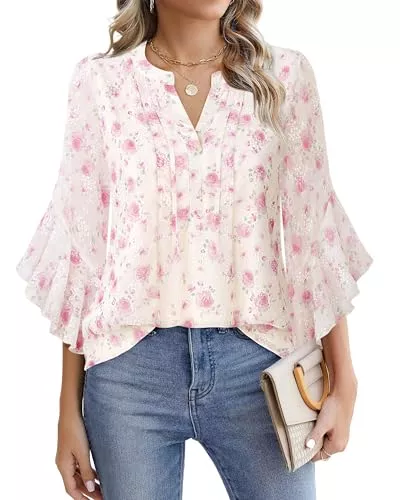 Vafoly Langarmblusen Vafoly Damen Bluse Langarm Oberteile Elegant Tops V-Ausschnitt Lässige Blusenshirt Casual Shirt Herbst Tunika Chiffon-Tunika mit Blumenmuster Rote Rose M