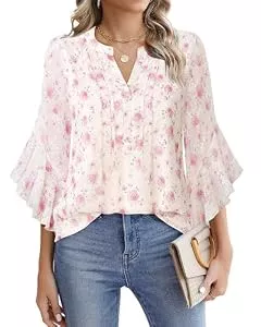 Vafoly Langarmblusen Vafoly Damen Bluse Langarm Oberteile Elegant Tops V-Ausschnitt Lässige Blusenshirt Casual Shirt Herbst Tunika Chiffon-Tunika mit Blumenmuster Rote Rose M