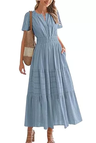 VEVESMUNDO Freizeit VEVESMUNDO Sommerkleid Damen Lang Baumwolle Kurzarm Maxikleider