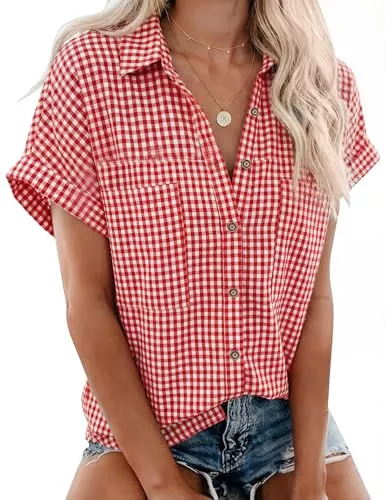Rapbin Hemdblusen Rapbin Bluse Damen Kurzarm Hemdbluse V-Ausschnitt Sommer Lässiges Tunika Locker Blusenshirt Elegant Oberteile mit Knopfleiste und Tasche