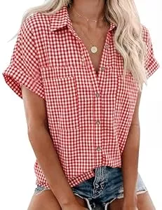 Rapbin Hemdblusen Rapbin Bluse Damen Kurzarm Hemdbluse V-Ausschnitt Sommer Lässiges Tunika Locker Blusenshirt Elegant Oberteile mit Knopfleiste und Tasche