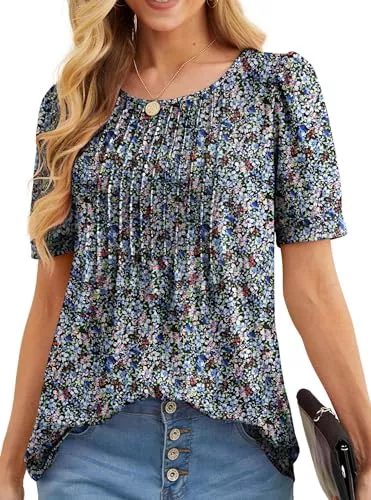 GRECERELLE Kurzarmblusen GRECERELLE Tshirt Damen Sommer Kurzarm Rundhals Oberteile Damen Shirt Freizeit Blusenshirt Leichte Lässig Tuniken Tops T-Shirt (Schwarze mit Anemone, M)