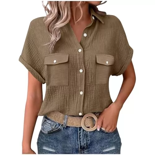 Generisch Hemdblusen Generisch Musselin Bluse Damen Sommer Leinenbluse Button-Down Leinenhemd Einfarbig lässiges Hemdbluse Kurzarm Leinen Blusenshirt Baumwolle Blusen Elegant Leinenshirt Tunika Tops mit Taschen