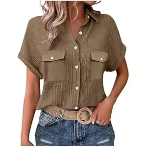 Generisch Hemdblusen Generisch Musselin Bluse Damen Sommer Leinenbluse Button-Down Leinenhemd Einfarbig lässiges Hemdbluse Kurzarm Leinen Blusenshirt Baumwolle Blusen Elegant Leinenshirt Tunika Tops mit Taschen