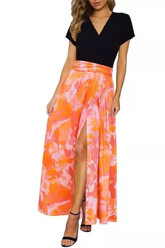Newshows Freizeit Newshows Sommerkleid Damen lang Maxikleid Sommer Kurzarm V Ausschnitt Strand Kleider Orange Abstract Flowers,M