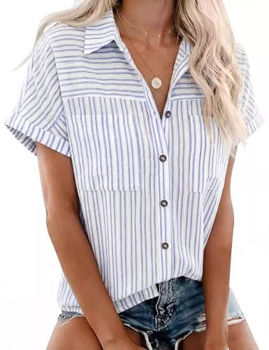 Rapbin Hemdblusen Rapbin Bluse Damen Kurzarm Hemdbluse V-Ausschnitt Sommer Lässiges Tunika Locker Blusenshirt Elegant Oberteile mit Knopfleiste und Tasche