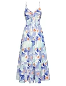 GRACE KARIN  GRACE KARIN Damen V-Ausschnitt Ärmellos Blumenkleid Sommer Casual A-Linie Maxi Kleider Strand Hochzeit Fließendes Freizeitkleid mit Taschen