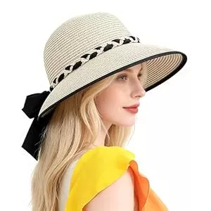 KXF  KXF Damen Stroh Strand Sonnenhut UPF 50 + UV-Schutz breiter Rand Sommer Stroh Sonnenmütze Outdoor Reisehut Faltbare Verpackbare Kappe