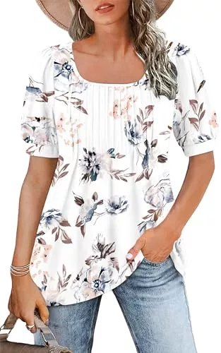 WNEEDU Kurzarmblusen WNEEDU Tshirt Damen Sommer Bluse Kurzarm Quadratischem Ausschnitt Oberteile Damen Sommer Tunika T-Shirt Plissee Tops mit Puffärmel Lässige Flowy Elegant Weiße Blume M