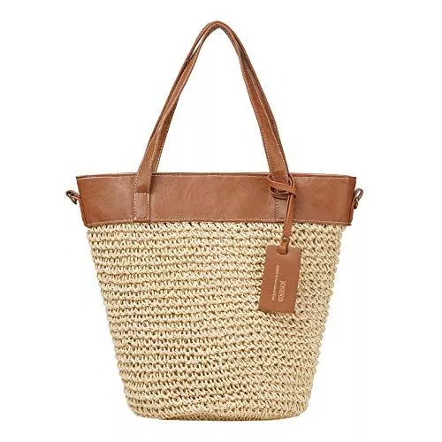 JOSEKO Taschen & Rucksäcke JOSEKO Stroh Strand Tasche, Schultertasche Damen Sommer Handtasche Frauen Weben Eimer Tasche Korbtasche Basttasche Outdoor Casual Crossbody Tasche für Reise Schule Arbeit Einkaufen