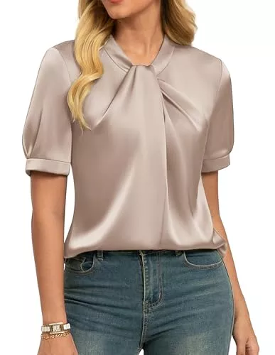 GRACE KARIN Kurzarmblusen GRACE KARIN Damen Satin Bluse Kurzarm Elegante Sommer Party Oberteile Seidenbluse Business Top