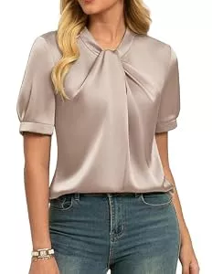 GRACE KARIN Kurzarmblusen GRACE KARIN Damen Satin Bluse Kurzarm Elegante Sommer Party Oberteile Seidenbluse Business Top
