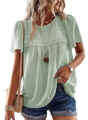 TUUHAW Kurzarmblusen TUUHAW Tunika Damen Sommer Boho Bluse Kurzarm Top Oberteile Fließend Spitze Rüschen Süß Elegant Rundhals T Shirt Lässig Outfits Frühling Spitze Herbst Kleidung Hellgrün M