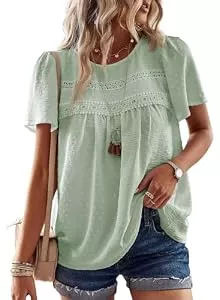 TUUHAW Kurzarmblusen TUUHAW Tunika Damen Sommer Boho Bluse Kurzarm Top Oberteile Fließend Spitze Rüschen Süß Elegant Rundhals T Shirt Lässig Outfits Frühling Spitze Herbst Kleidung Hellgrün M