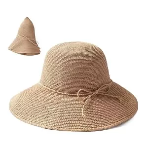 LuminaVerde  LuminaVerde Sonnenhut Damen Faltbarer Strohhut Damen Sommerhut mit Breiter Krempe 10CM UV Schutz Sonnenhut Sommer Naturstroh Atmungsaktiv Strandhut Hut Damen Verstellbar 55-58CM