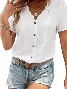 CUPSHE Kurzarmblusen CUPSHE Bluse Damen Sommer Kurzarm V-Ausschnitt Hemdbluse Elegant mit Knopfleiste Wellenkante Oberteil Sommerbluse Weiß L
