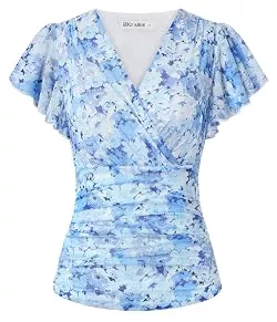 GRACE KARIN Tops GRACE KARIN Women's Floral Boho Blouse V-Neck Ruffle Short Sleeve Shirt Pleated Mesh Tops Slim Fit Vintage Summer Top