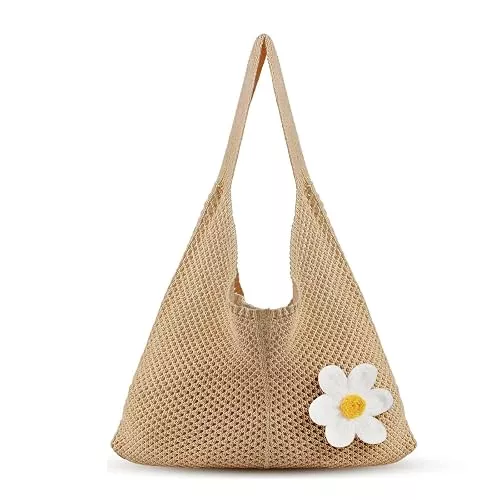 Gehäkelte Taschen & Rucksäcke Gehäkelte Tasche, Gehäkelte Handtasche, Braune Strand-Schultertasche mit Blumendekoration, Hobo Tasche für Strand und Alltag, 1 Stück