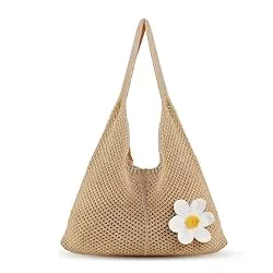 Gehäkelte Taschen & Rucksäcke Gehäkelte Tasche, Gehäkelte Handtasche, Braune Strand-Schultertasche mit Blumendekoration, Hobo Tasche für Strand und Alltag, 1 Stück