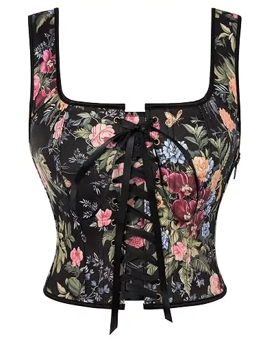 SCARLET DARKNESS Westen SCARLET DARKNESS Damen Viktorianisch Korsett Retro Blumendruck Square Neck Ausschnitt Corset Mittelalter Ärmellos Lace-Up Bustier