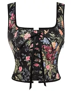 SCARLET DARKNESS Westen SCARLET DARKNESS Damen Viktorianisch Korsett Retro Blumendruck Square Neck Ausschnitt Corset Mittelalter Ärmellos Lace-Up Bustier