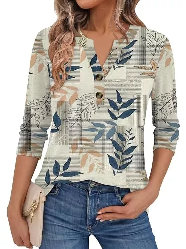 Teesho Langarmblusen Teesho Bluse Damen 3/4 Arm Elegant Oberteile V Ausschnitt Baumwolle Shirt Casual Business Outfit Locker Tunika