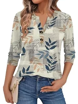 Teesho Langarmblusen Teesho Bluse Damen 3/4 Arm Elegant Oberteile V Ausschnitt Baumwolle Shirt Casual Business Outfit Locker Tunika