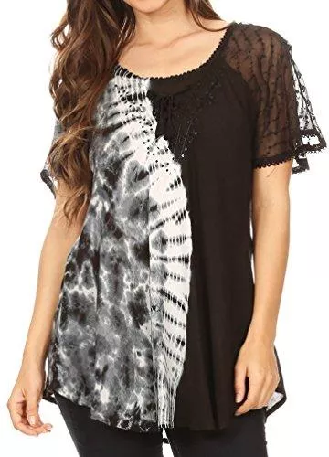 Sakkas Kurzarmblusen Sakkas Iris Damen Tie-Dye Kurzarmbluse mit Korsett und Stickerei