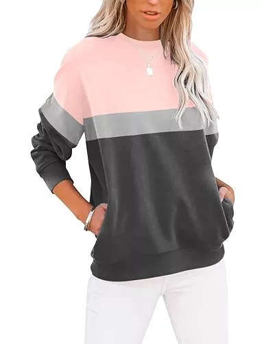 Cuptacc Pullover & Strickmode Cuptacc Pullover Damen Rundhals Elegant Sweatshirt Locker Farbblock Taschen