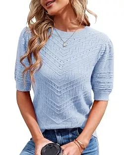 Runcati Pullover & Strickmode Runcati Damen Kurzarm Strickpullover Casual Rundhals Puffärmel Elegante Einfarbige Sweateshirt Pullover