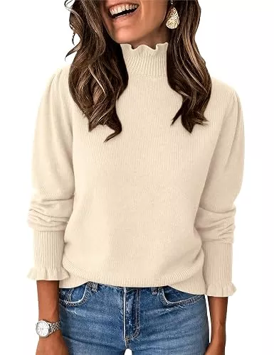 Rapbin Pullover & Strickmode Rapbin Pullover Damen Strickpullover mit Rüschen-Stehkragen Langarm Tops