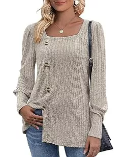 MYCOLORBLUE Pullover & Strickmode Damen Herbst Pullover Tunika Weich Stretch Langarm Deko Knöpfen Strickpullover T Shirt