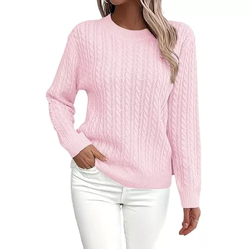 Generic Pullover & Strickmode Damen Strickpullover mit Zopfmuster - Weicher Langarm Sweater Lose Pullover mit Rundhals Herbst Feinstrickpullover Einfarbig