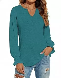 DUOEASE Langarmshirts Langarmshirt Damen V-Ausschnitt Pullover Damen Puffärmel Oberteile Herbst Tunika