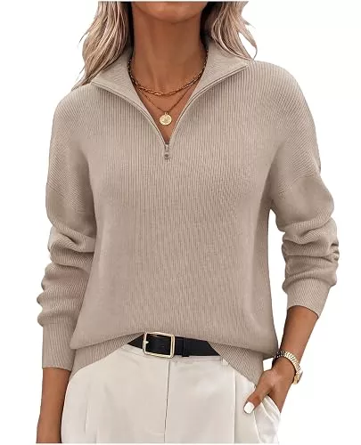 Zeagoo Pullover & Strickmode Zeagoo Damen Pullover Quarter Zip Strickpullover Langarm V-Ausschnitt Pulli