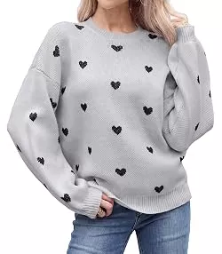 Livonmone Pullover & Strickmode Pullover Damen Herzmuster Strickpullover Rundhals Locker Langarm Pulli