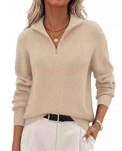 Zeagoo Pullover & Strickmode Zeagoo Damen Pullover Quarter Zip Strickpullover Langarm V-Ausschnitt Pulli